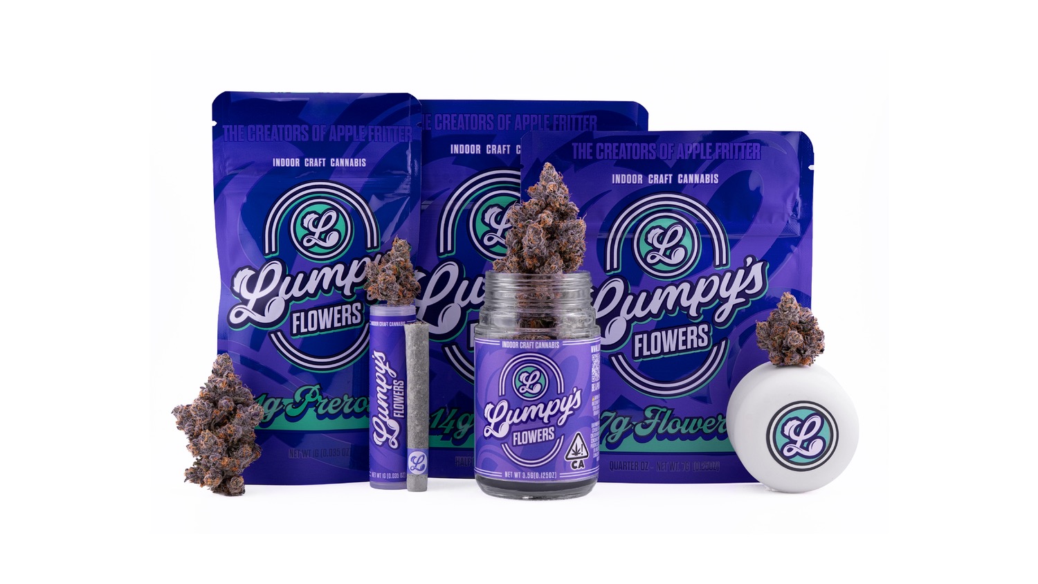 The Lumpy's Flowers family: 14g and 7g bags, 1g pre-roll tube, 3.5g glass jar and puck