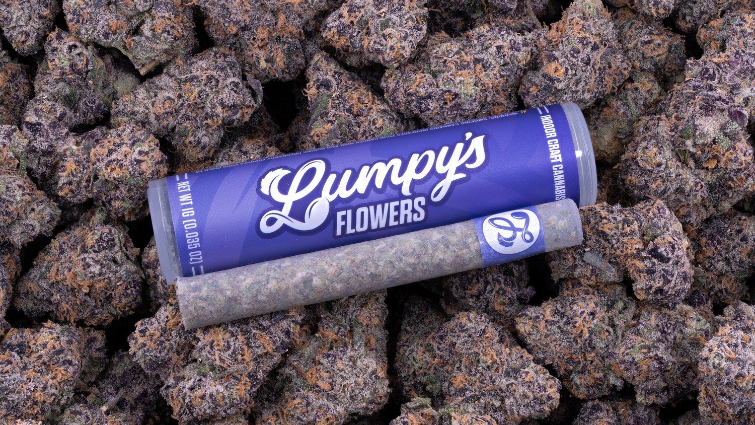 Lumpy's 1g pre-roll tube resting on a bed of purple buds